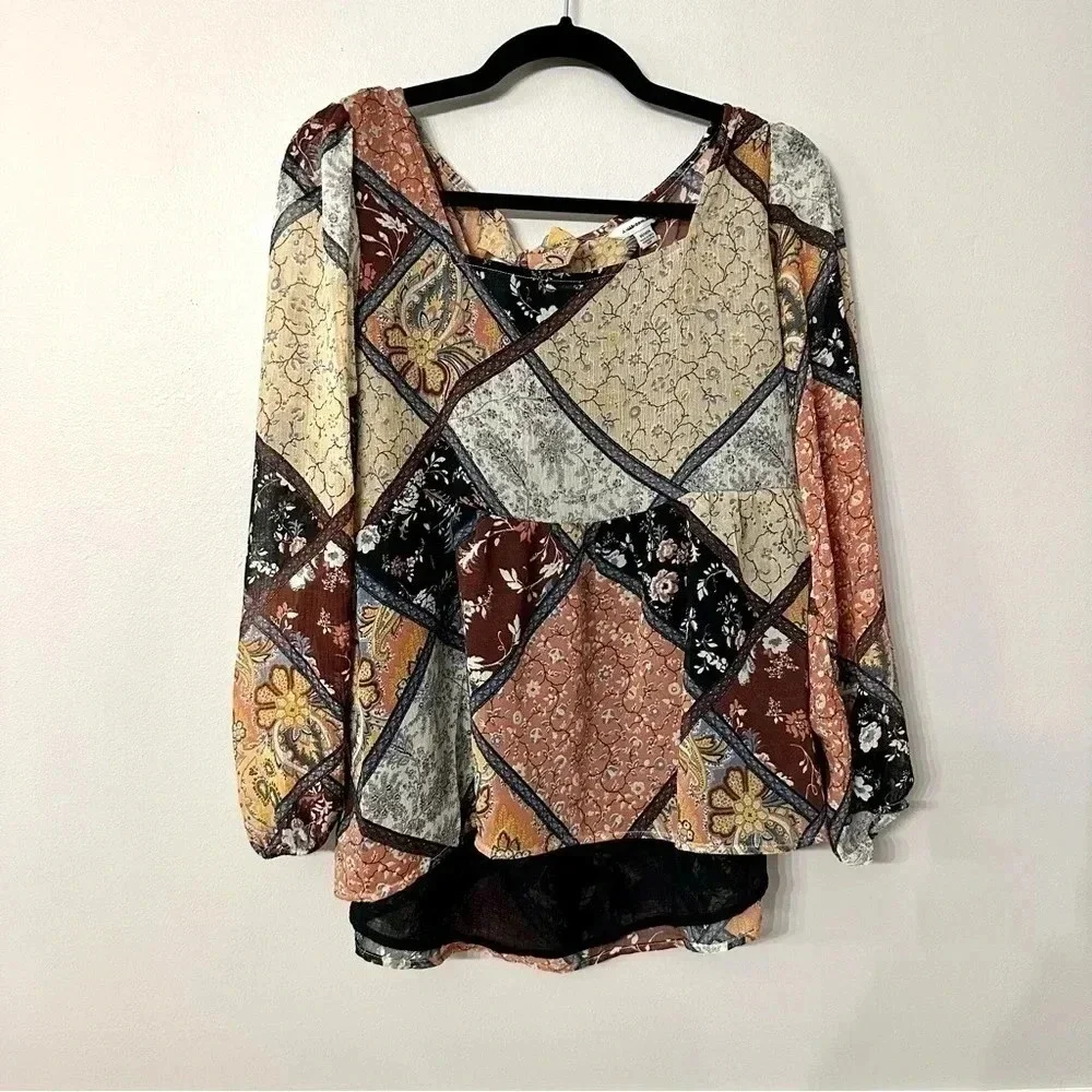 American Eagle Floral Long Sleeve Square Neck Tie Back Cutouts Size M NWOT - Picture 2 of 10